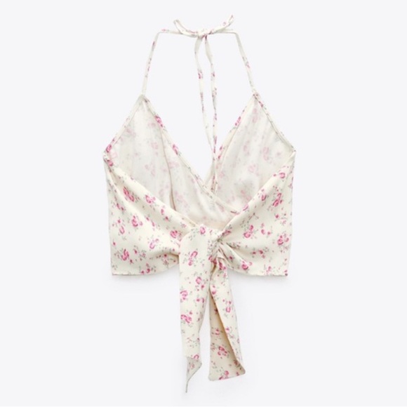 ZARA Halter Neck Wrap Crop Top Tie-Back Women’s Medium Satin Cream Floral - Picture 3 of 9